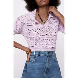 Zara Lavender Pointelle Knit Cropped Top Coquette Balletcore Sz S